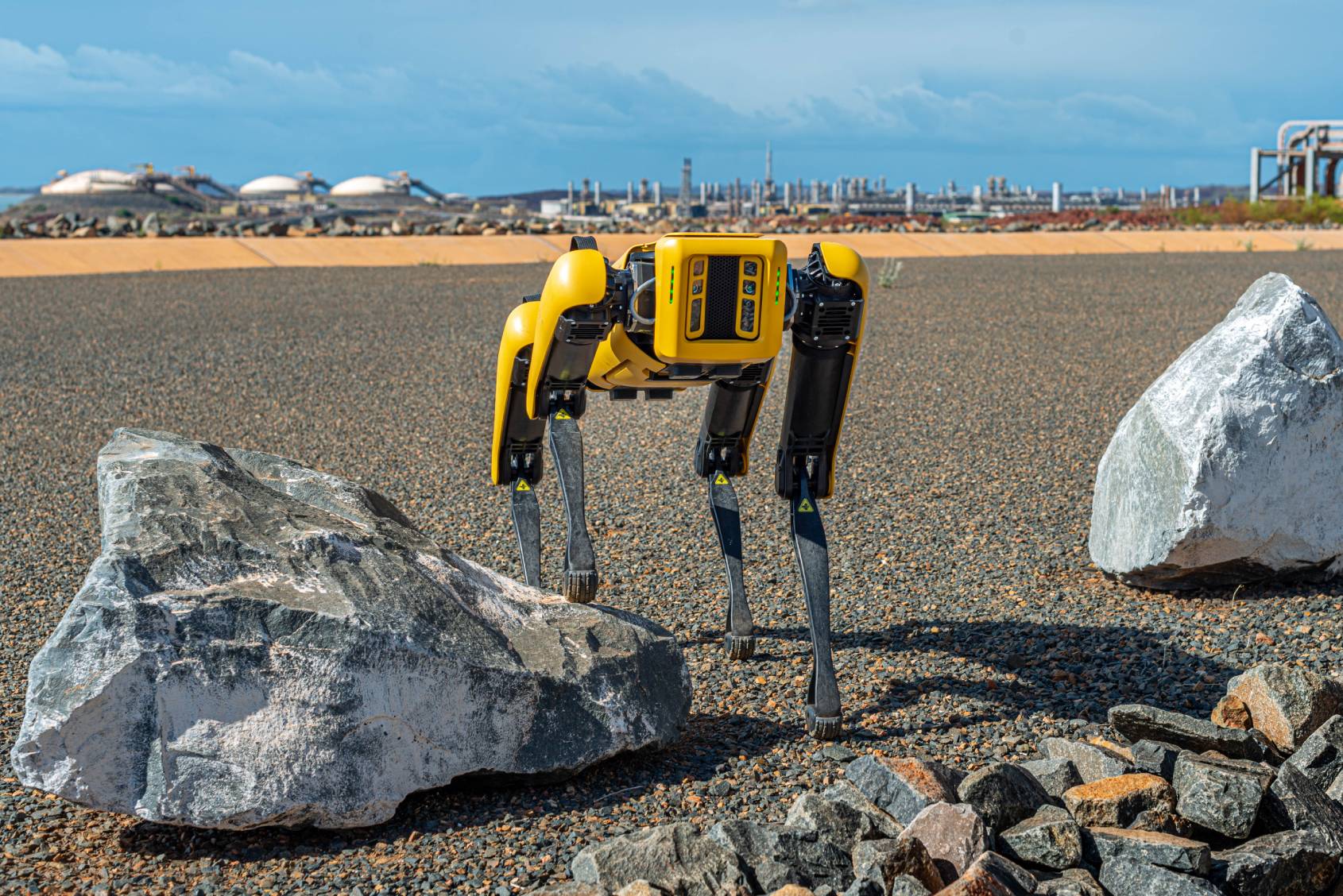 Spot working outdoors on rocky terrain at an oil and gas facility