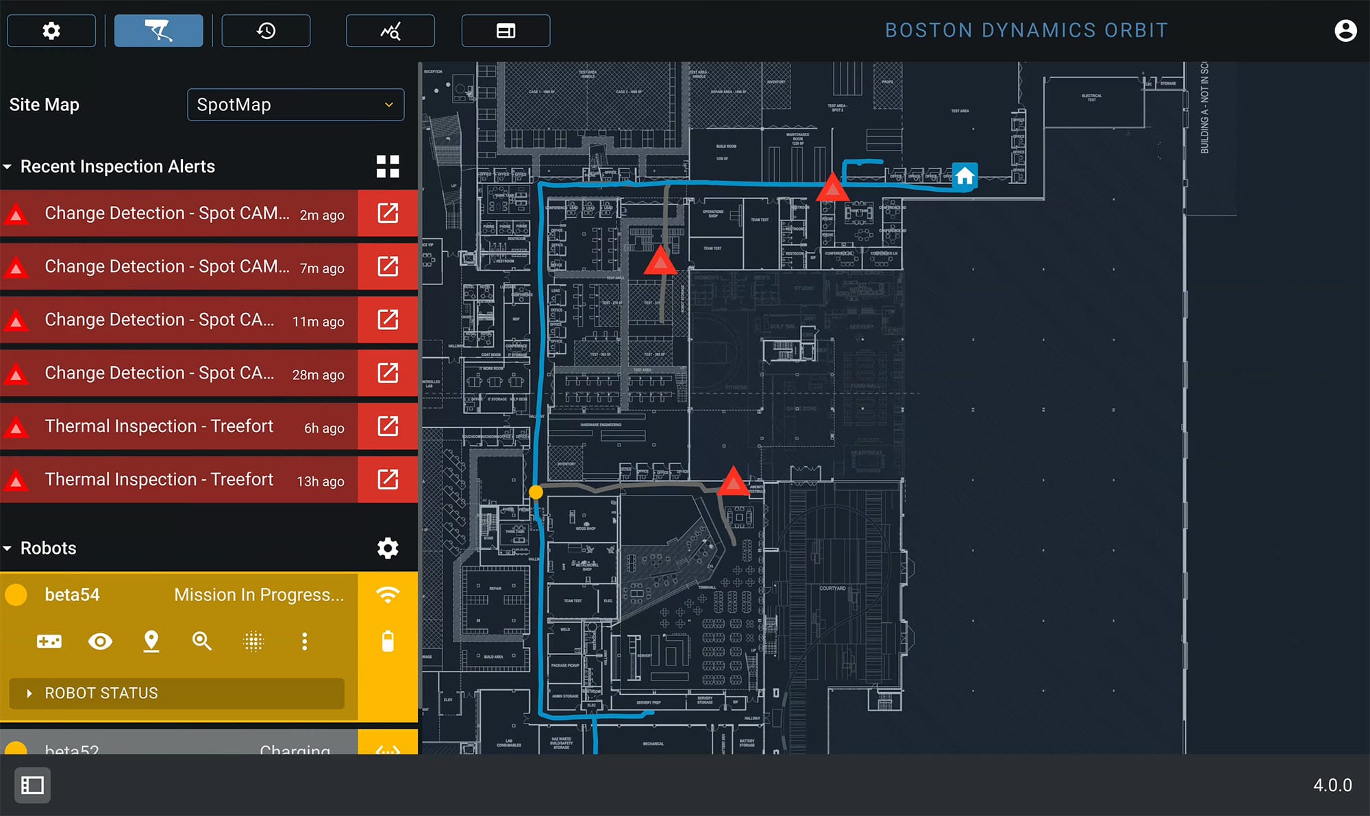 A screenshot of Orbit showing an inspection route on a site blueprint and alerts