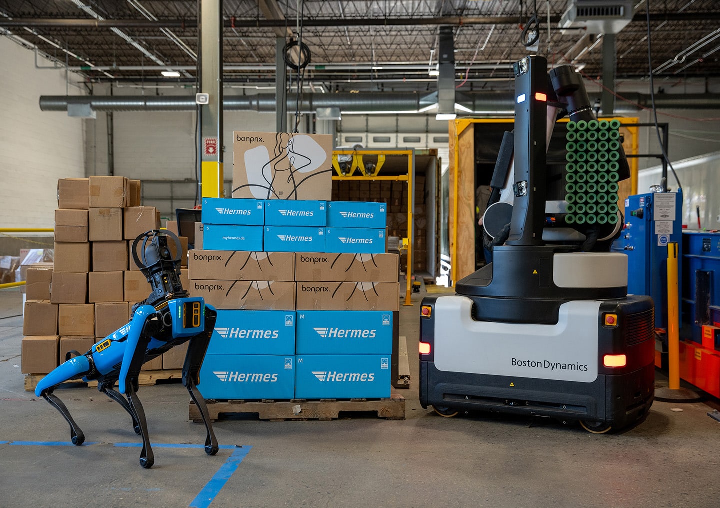 Spot and Stretch in front of a pallet with boxes from Hermes and Bonprix