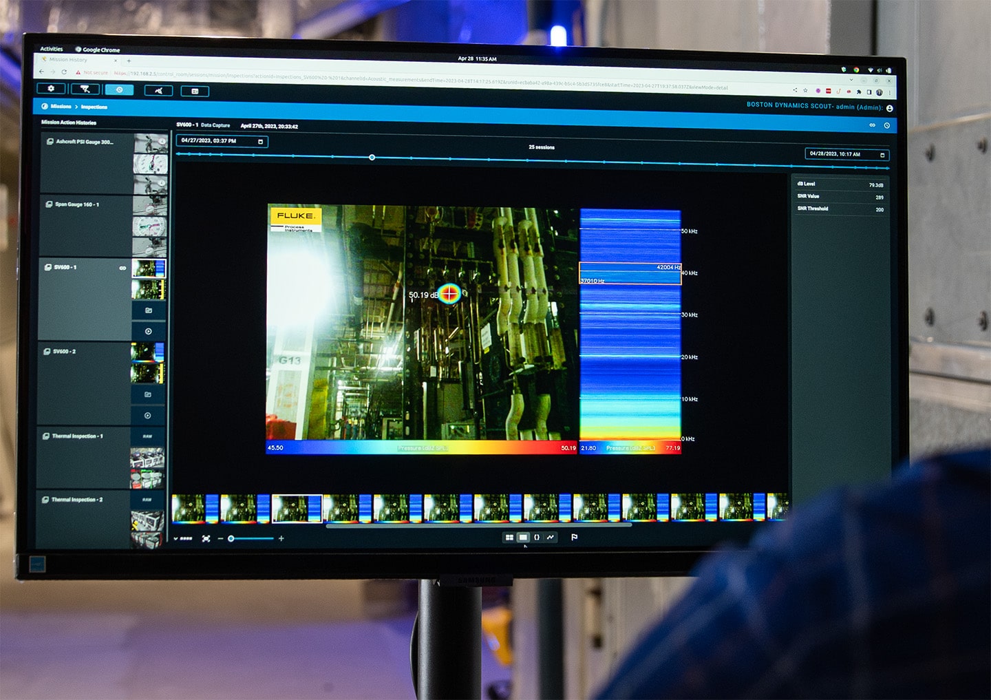 A computer screen showing out the output of an acoustic imager