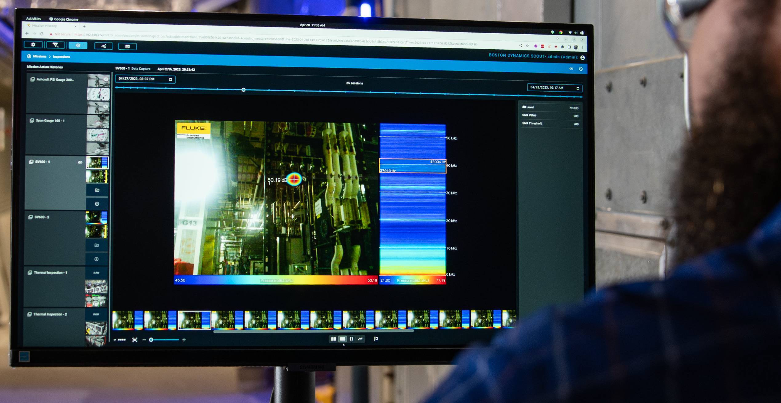 Operator viewing acoustic data from Scout on a computer monitor