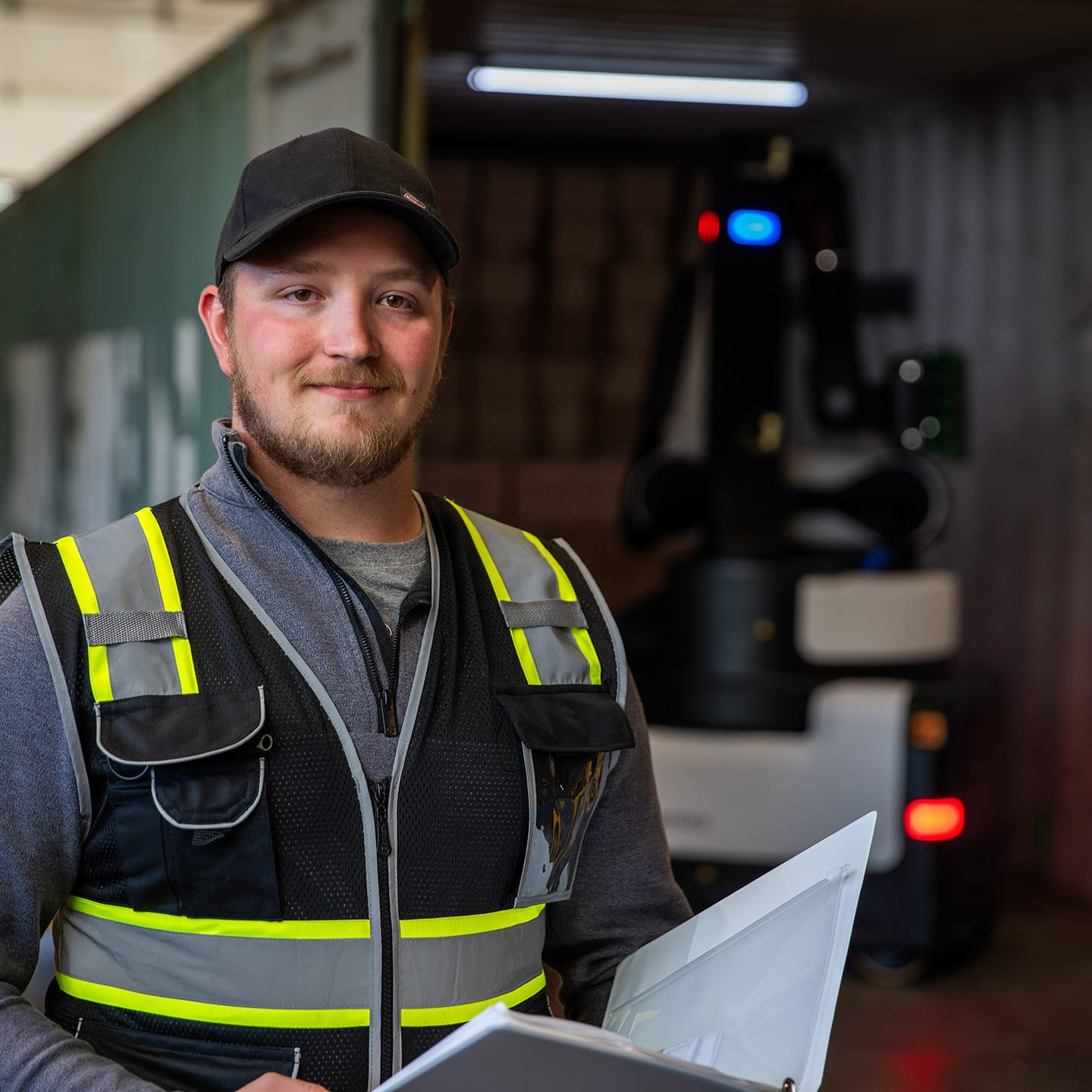 A field engineer poses in front of Stretch in a warehouse