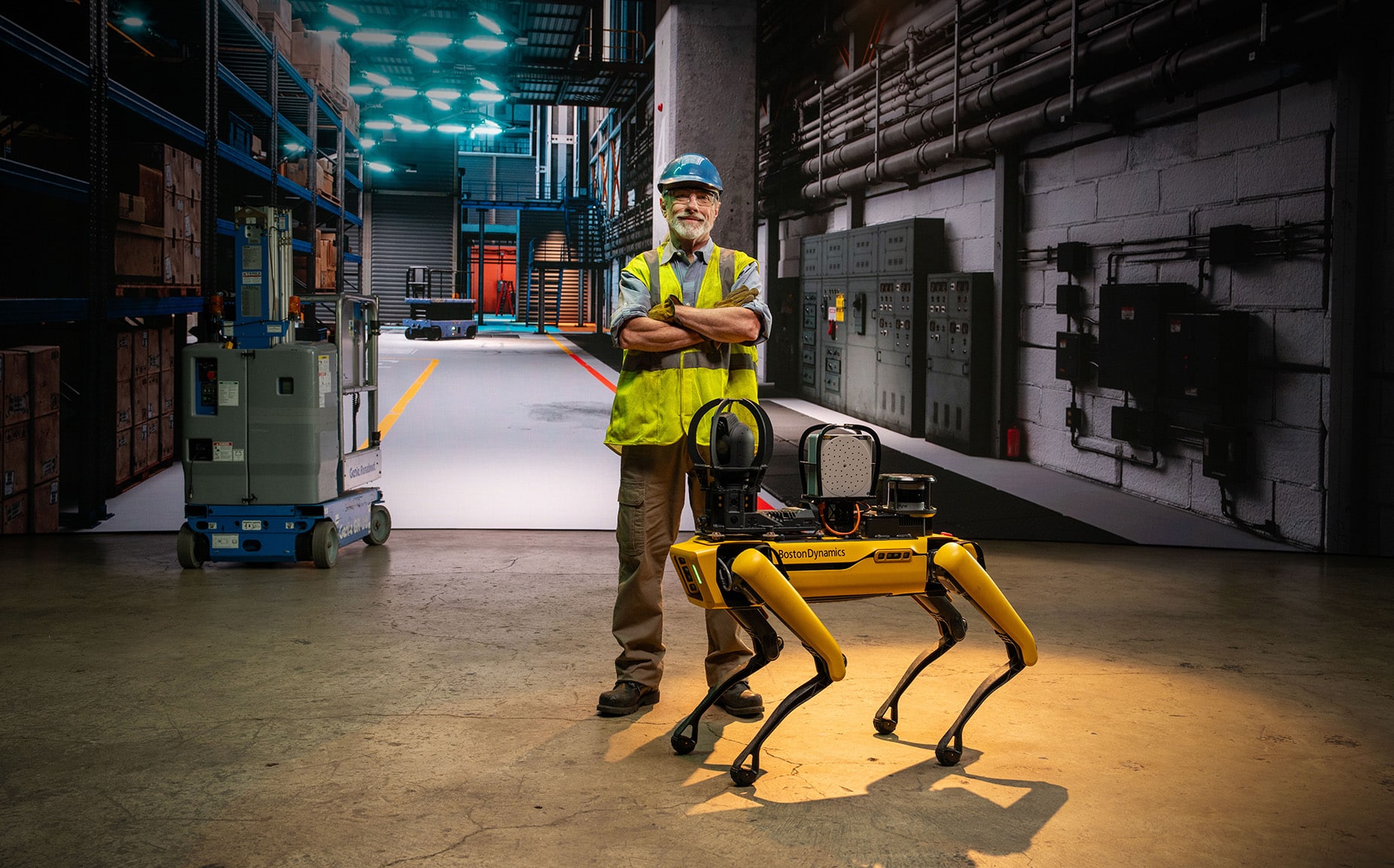 A manitenance worker in a high-vis vest poses with Spot in a manufacturing plant