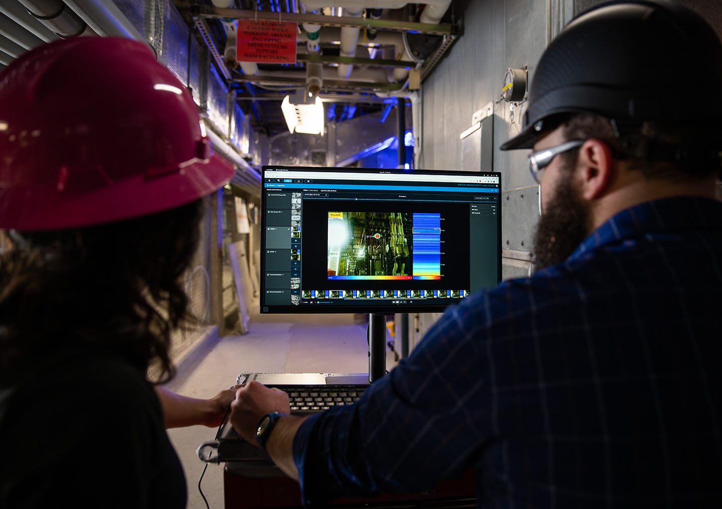 Two operators review an acoustic inspection in Orbit