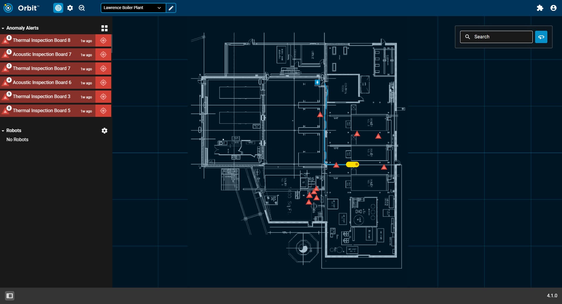 A facility blueprint in Orbit, showing Spot conducting an autonomous mission