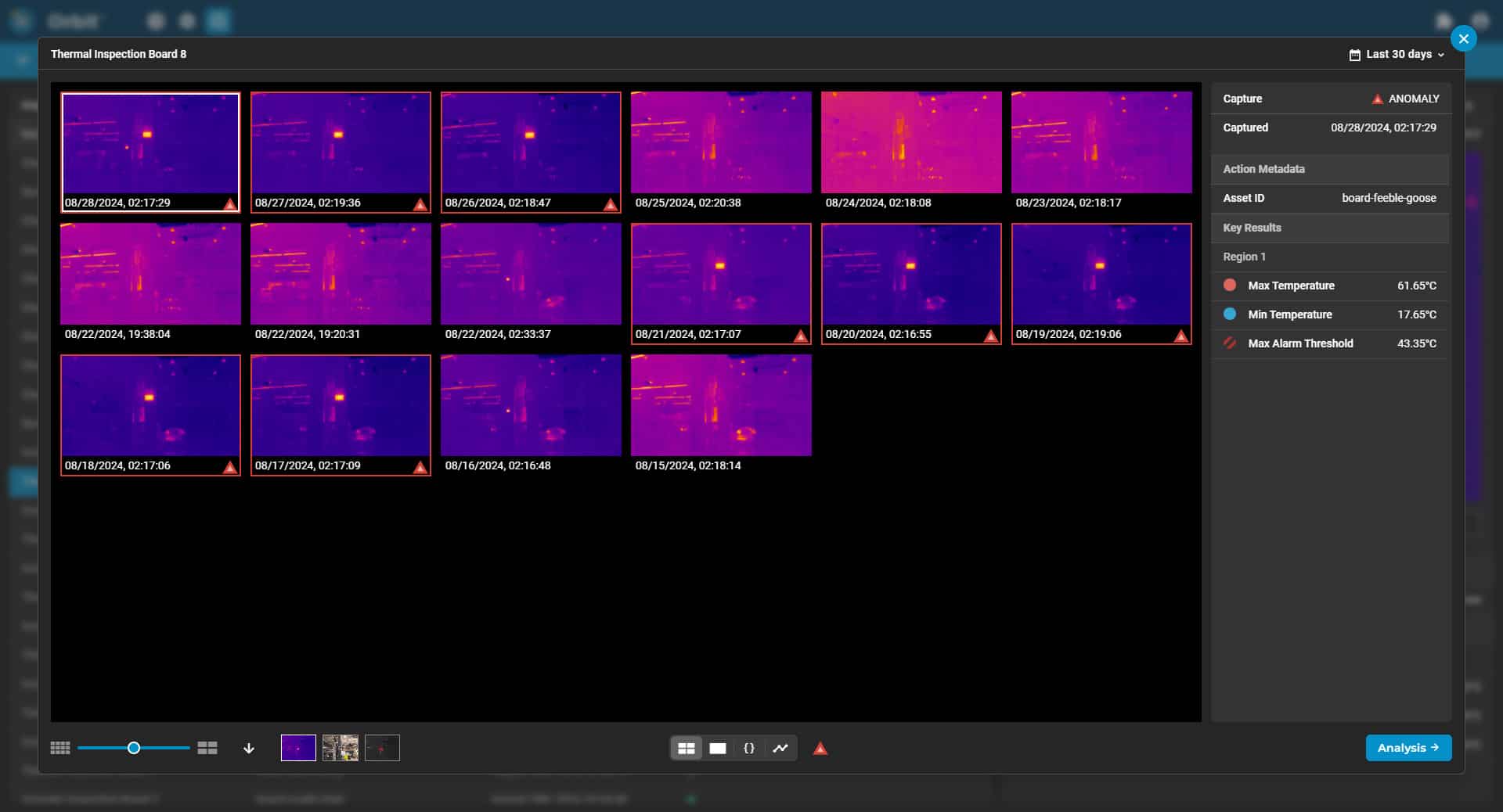 A series of thermal images displayed in Orbit, several are flagged as having temperature anomalies